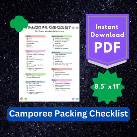 Girl Scout Packing Checklist Spring/summer Camporee Printable Cabin ...