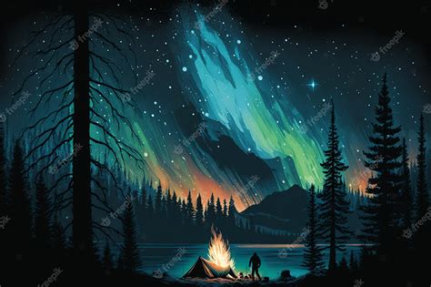 Premium Photo | A colorful night sky with a campfire and the northern lights.