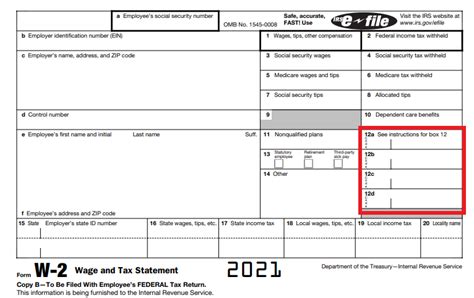 2021 W2 form with boxes 12a through 12d outlined