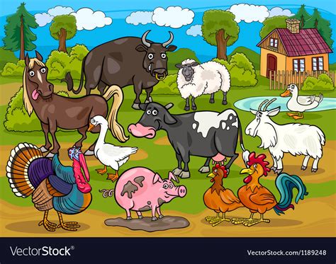 Farm animals country scene cartoon Royalty Free Vector Image