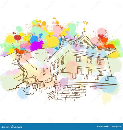 Colorful Great Wall Sketch stock vector. Illustration of fortness ...