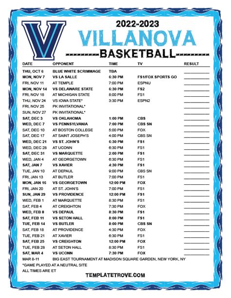 Printable 2022-2023 Villanova Wildcats Basketball Schedule