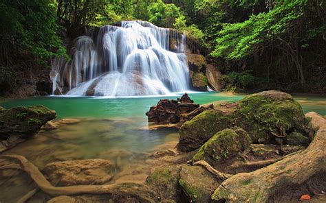 Download wallpapers beautiful waterfall, turquoise lake, rainforest, jungle, waterfalls ...