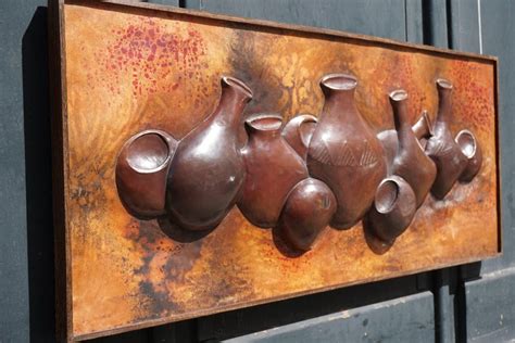 Hammered Copper Wall Relief Sculpture Panel with African Pots For Sale at 1stDibs