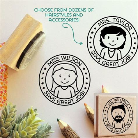 Personalized Teacher Rubber Stamp Choose Hairstyle and Accessories ...