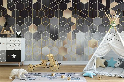 Geometric Black and Gold Hexagon Wallpaper - A Sophisticated Addition to Your Living Room ...