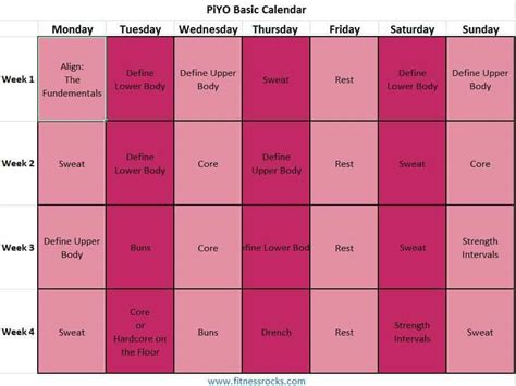 Download or Print Workout Calendar For PiYo