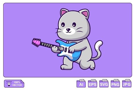 Cute Cat Playing Electric Guitar Cartoon