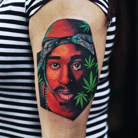 Psychedelic style Tupac portrait tattoo on the left