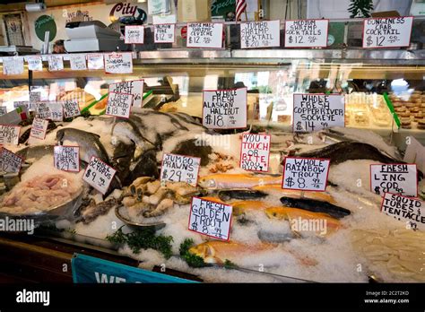 Fresh seafood for sale at the City Fish Seafood Market at Pike Place ...