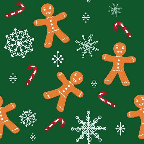 Cute pattern with gingerbread man, white icing. Snowflakes, candy cane, snow on green background ...