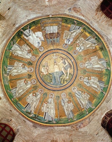 Baptism of Christ surrounded by the twelve apostles bearing crowns ...