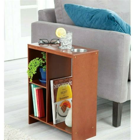 Narrow Space Saving Side End Sofa Table Drink Cup Holder Storage Book ...