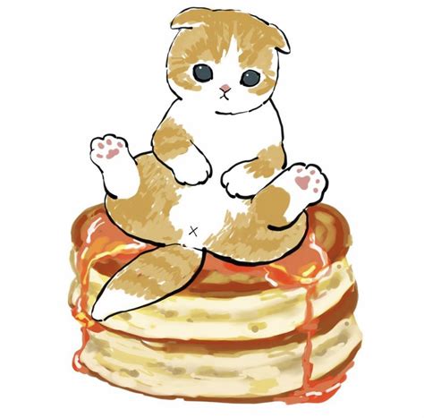 a drawing of a cat sitting on top of stack of pancakes with syrup drizzled around it