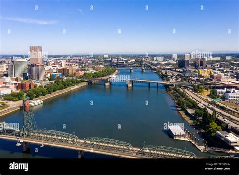 Aerial view of Downtown Portland Oregon with many bridges over river Stock Photo - Alamy