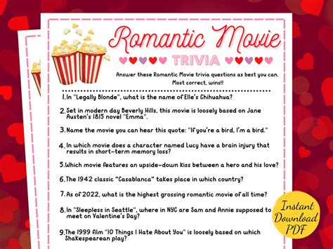 Romantic Movie TRIVIA Game Valentines Day Party Game - Etsy