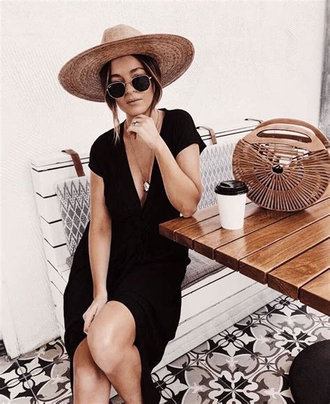 Simple casual black dress with cute straw hat and handbag. | Fashion ...