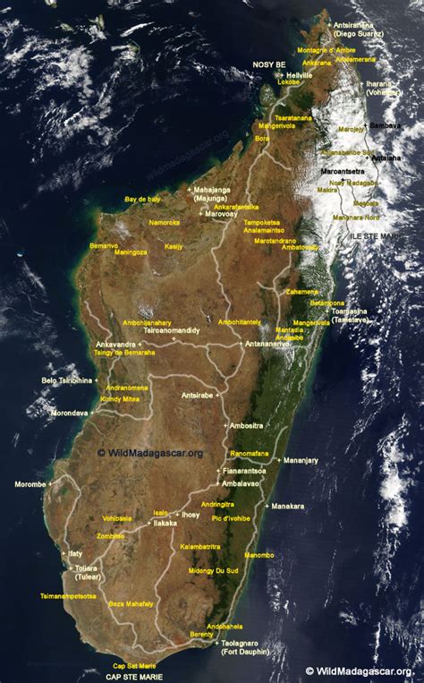 Madagascar satellite map with parks, cities, and roads labeled