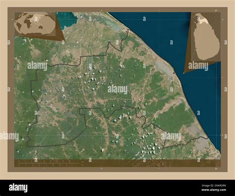 Mullaitivu, district of Sri Lanka. Low resolution satellite map. Corner auxiliary location maps ...