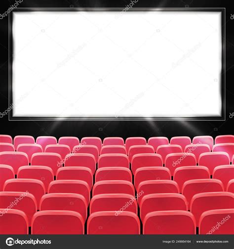 Rows of red cinema or theater seats in front of black blank screen ...