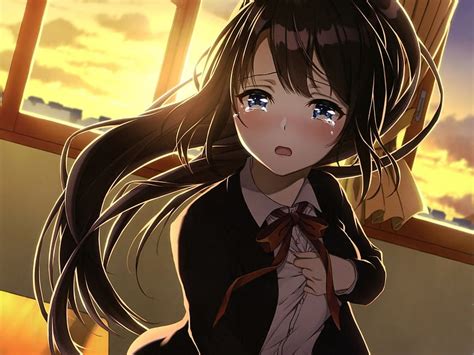 Anime Girl, Crying, Classroom, Sad Face, Brown Hair, School Uniform, Sunset for Ainol Novo 9 ...