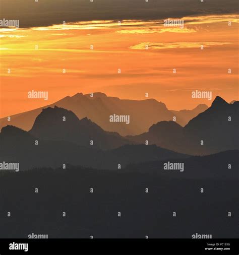 Mountain ranges at sunrise. View from Mount Rigi, Switzerland Stock ...