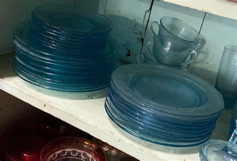 I have this set of blue depression glass: plates in 3 sizes ...