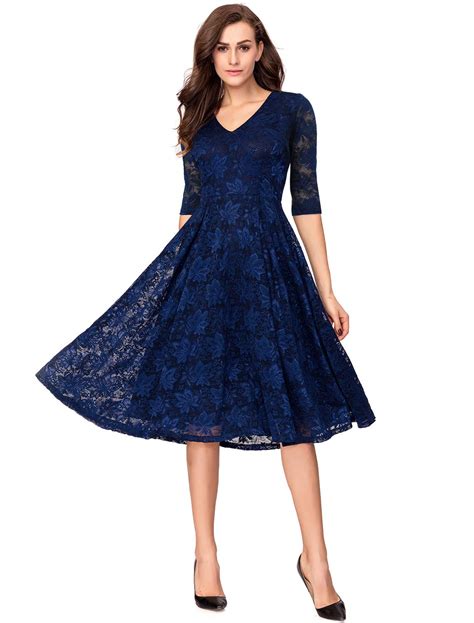 Noctflos Women's 3/4 Sleeves Lace Fit & Flare Midi Cocktail Dress for ...