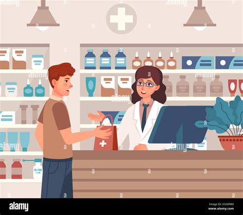 Pharmacist and patient. Pharmacist consultant and patient in drugstore interior, client buys ...