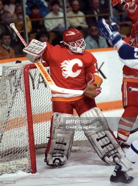 Mike Vernon of the Calgary Flames skates against the Toronto Maple ...