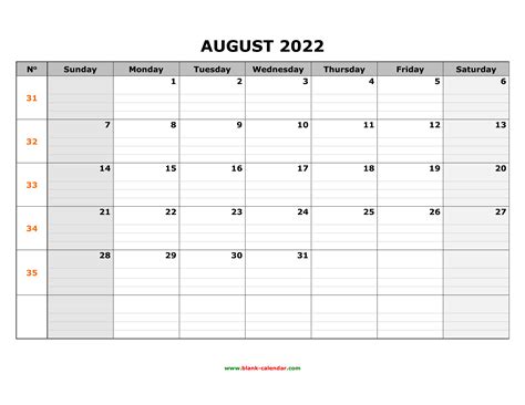 Free Download Printable August 2022 Calendar, large box grid, space for ...