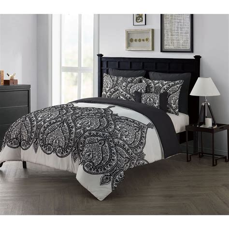 Full Queen King Size Bed Black White Flocked Paisley 7 pc Comforter Set ...