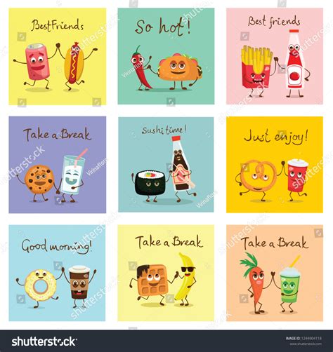 Cartoon Cards Funny Food Friends Characters Stock Vector (Royalty Free ...