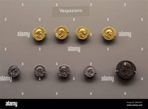 Merida, Spain - 28 Dec 23: a collection of Roman coins on display at ...