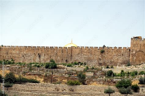 The fortress wall of the old city of Jerusalem in Israel. Palestinian ...