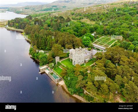 Aerial view of Glenveagh Castle, a large castellated mansion located in ...