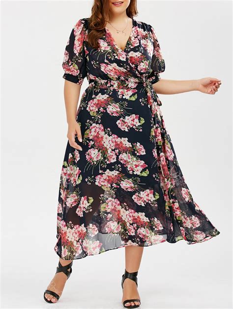 [29% OFF] Plus Size Maxi Floral Wrap Summer Dress | Rosegal