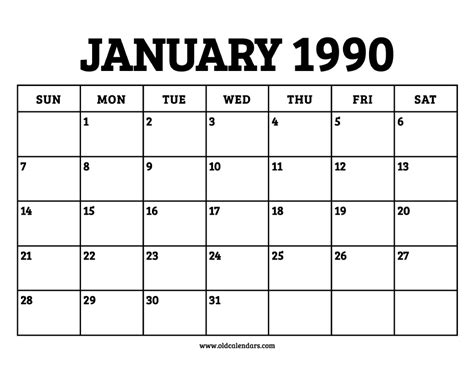 Calendar January 1990 – Printable Old Calendars