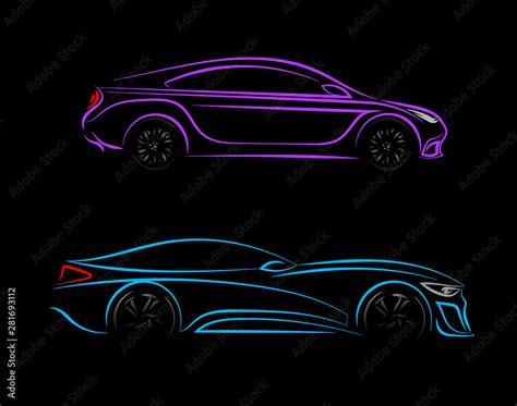 Vecteur Stock Set of Modern car silhouette in side view. Blue, violet neon car silhouette for ...