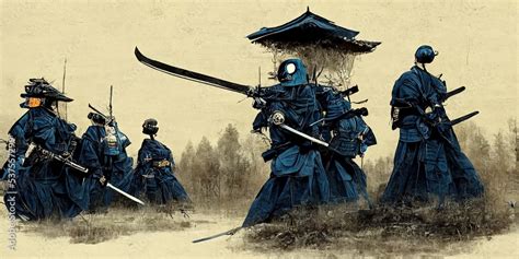 Anime style, Japanese samurai army fighting with enemy, large scene ...