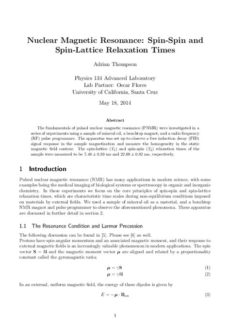 (PDF) Nuclear Magnetic Resonance - Physics 134 Lab report | Adrian ...