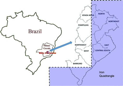 Map of Brazil showing Belo Horizonte city in the Minas Gerais state ...