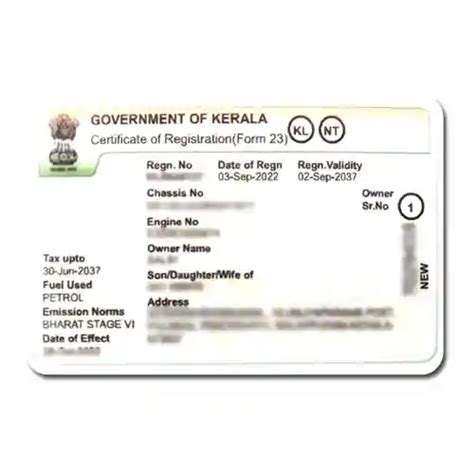 Kerala RC (Vehicle Registration Certificate) ) PVC Card