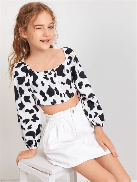 SHEIN Girls Single Breasted Cow Print Crop Blouse | Tween fashion outfits, Shein outfits, Girls ...