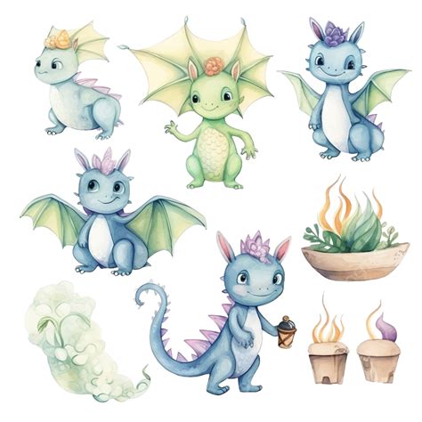 Watercolor Fairy Tale Cute Kids Dragon Element Clip Art Collection, Dragon, Watercolor, Clipart ...