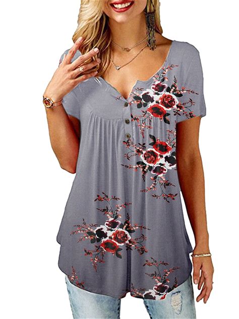RUEWEY Women Boho Floral Short Sleeve Blouse Plus Size Tops - Walmart.com