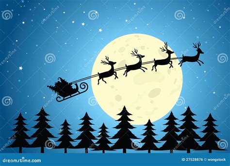 Santa And Reindeer Flying Through The Night Sky Royalty Free Stock Image - Image: 27528876