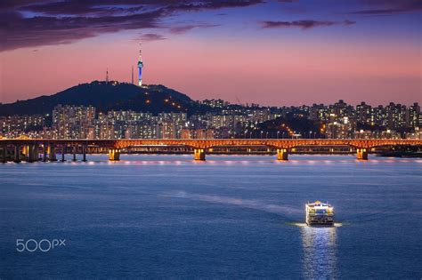 Seoul city after sunset - Seoul city and bridge and Han river, South ...