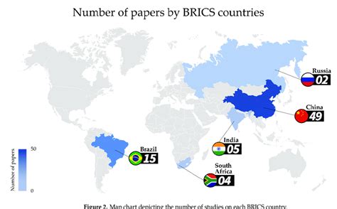 Map chart depicting the number of studies on each BRICS country ...