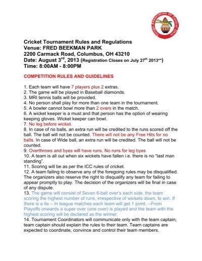 Cricket Tournament Rules and Regulations Venue: FRED ...